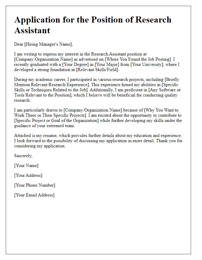 Letter template of scientific research job application for recent graduates.