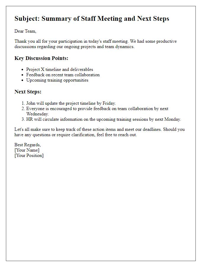 Letter template of discussions and next steps after staff meeting