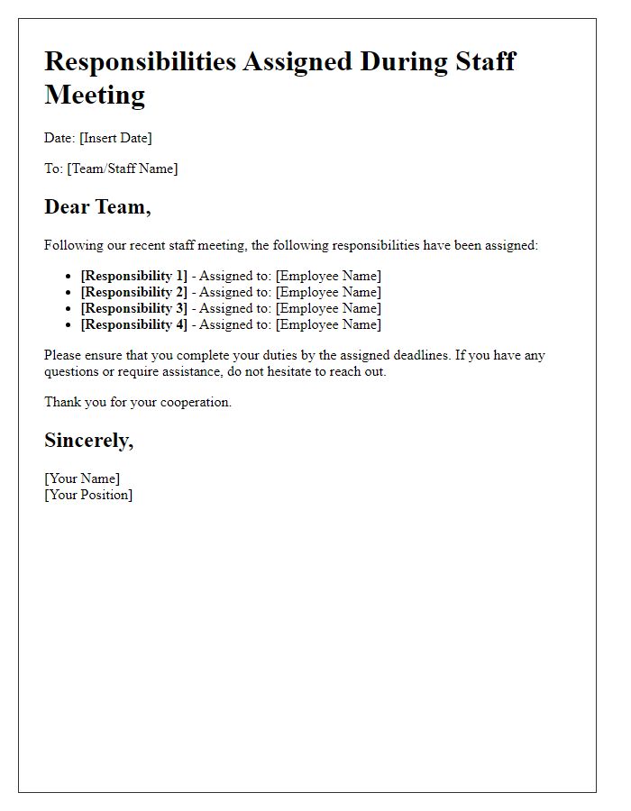 Letter template of responsibilities assigned during staff meeting