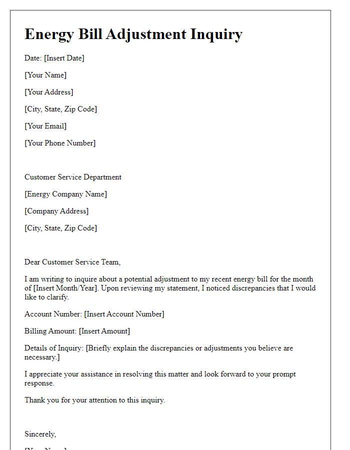 Letter template of energy bill adjustment inquiry