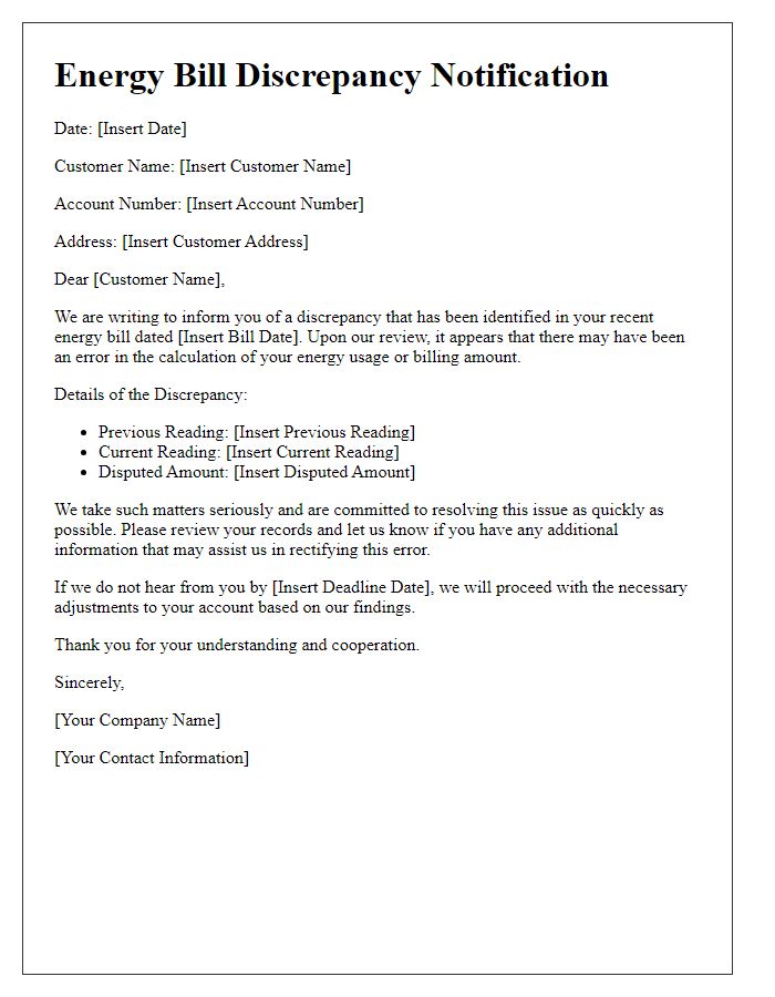 Letter template of energy bill discrepancy notification