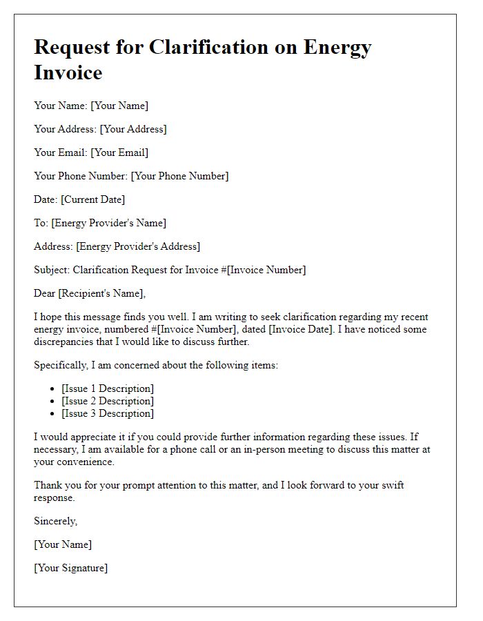 Letter template of energy invoice clarification request