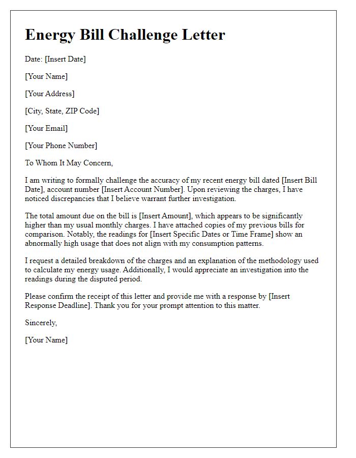 Letter template of inaccurate energy bill challenge