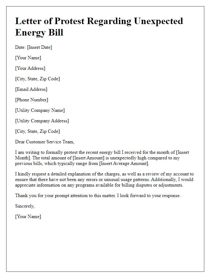 Letter template of unexpected energy bill protest