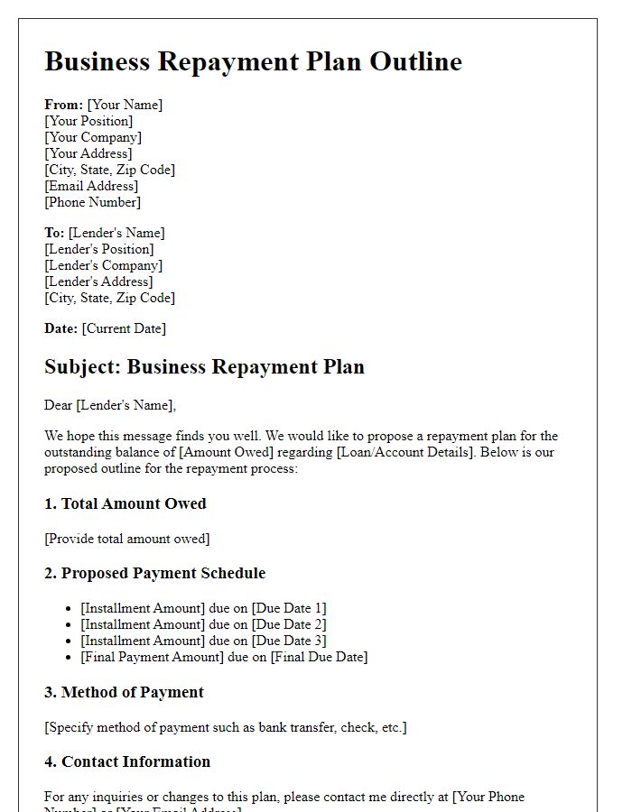 Letter template of business repayment plan outline