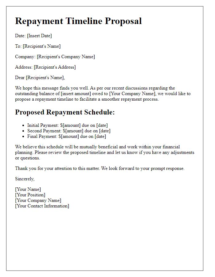 Letter template of business repayment timeline suggestion