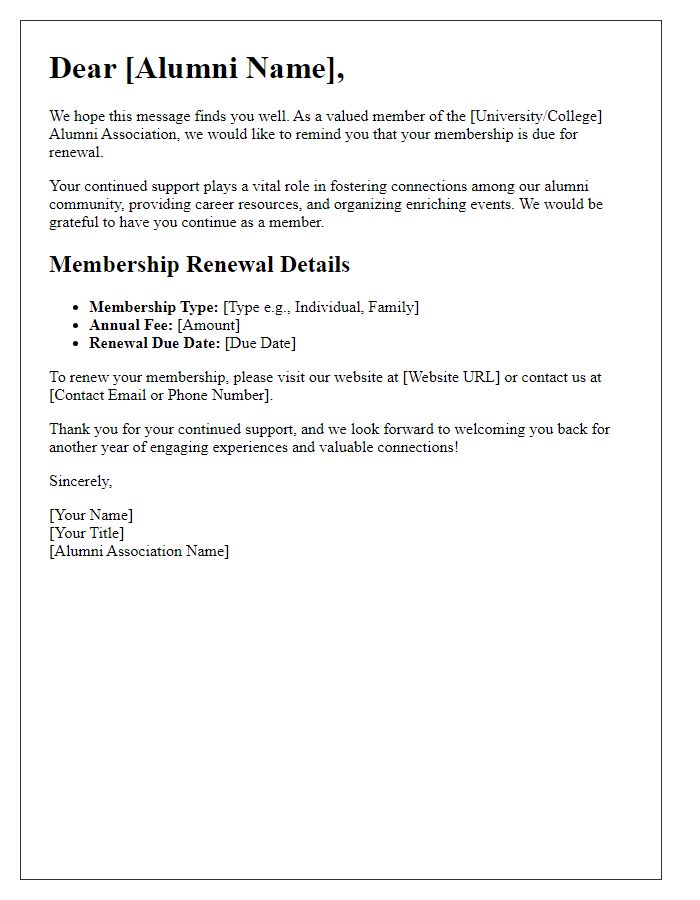 Letter template of Alumni Association Membership Renewal