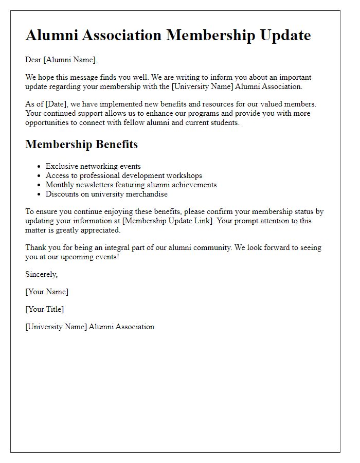 Letter template of Alumni Association Membership Update