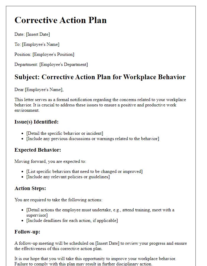 Letter template of corrective action plan for workplace behavior.