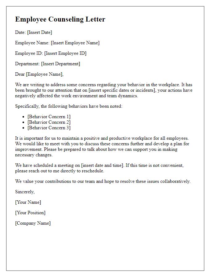 Letter template of employee counseling for behavior concerns.