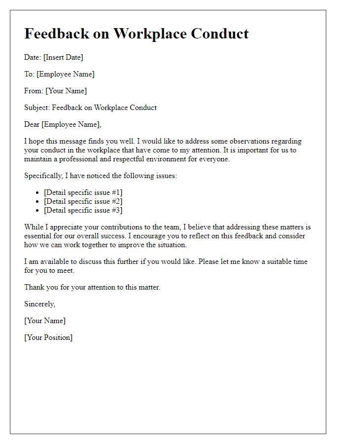 Letter template of feedback on workplace conduct issues.