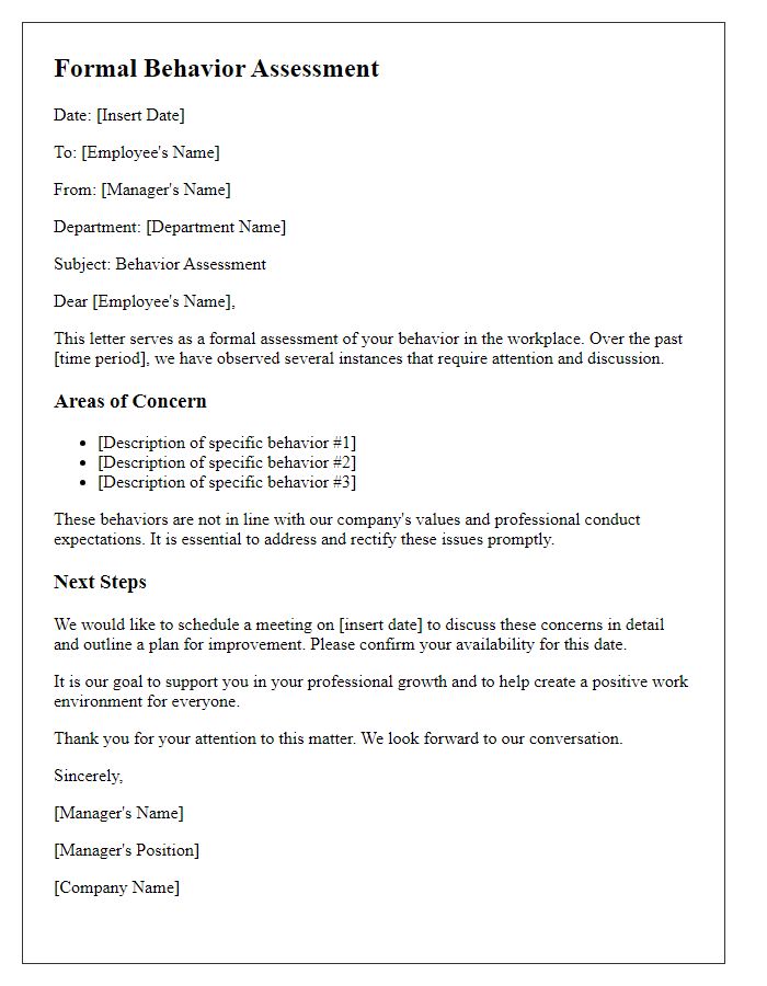 Letter template of formal behavior assessment in the workplace.