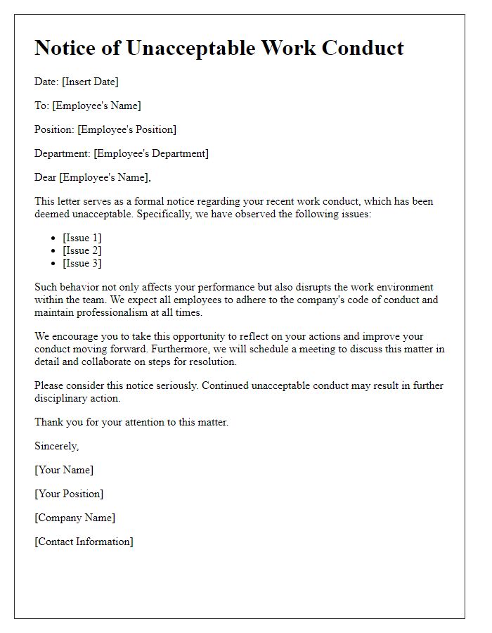 Letter template of notice regarding unacceptable work conduct.