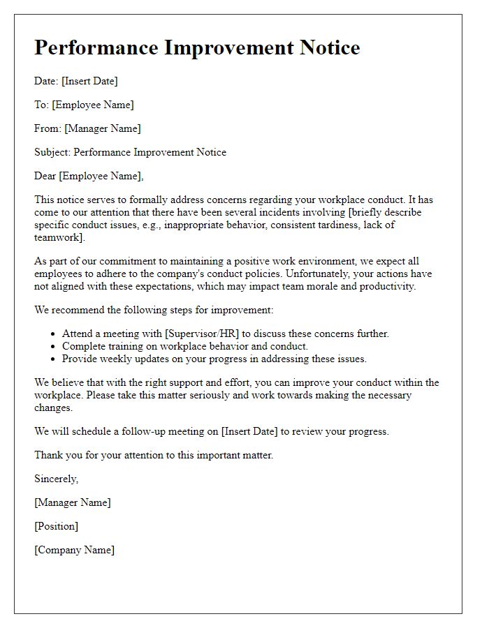 Letter template of performance improvement notice for workplace conduct.