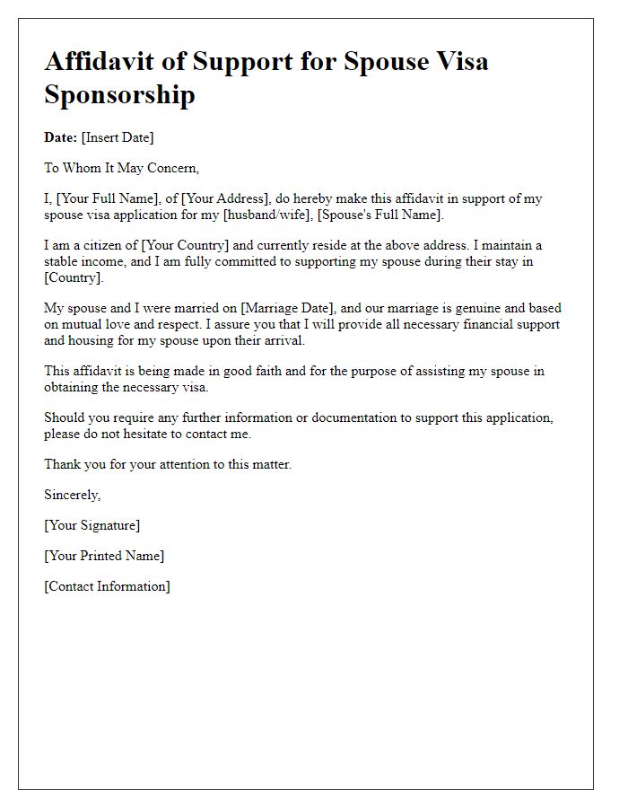 Letter template of spouse visa sponsorship affidavit.