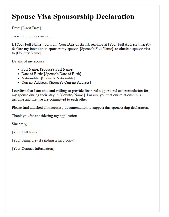 Letter template of spouse visa sponsorship declaration.