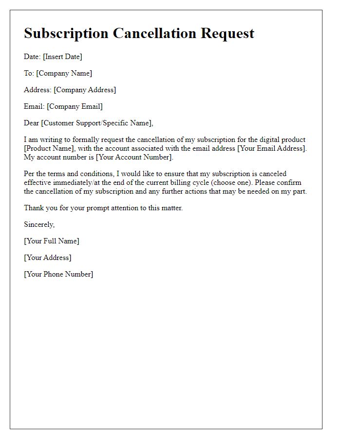 Letter template of cancellation for digital product subscription