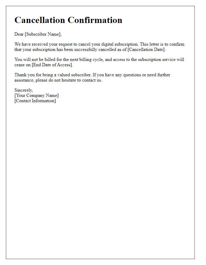 Letter template of digital subscription cancellation confirmation