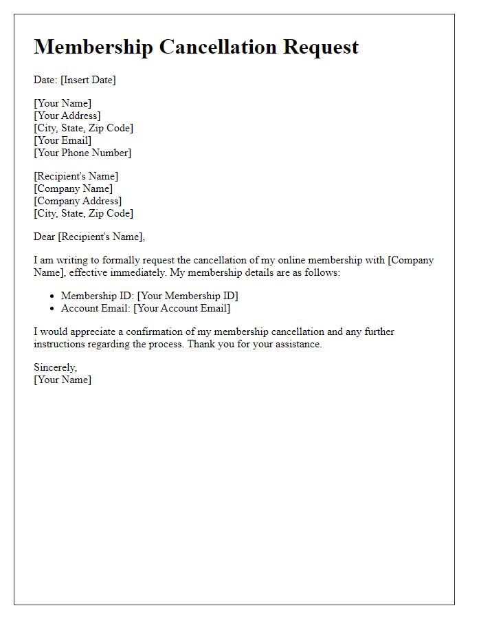 Letter template of online membership subscription cancellation