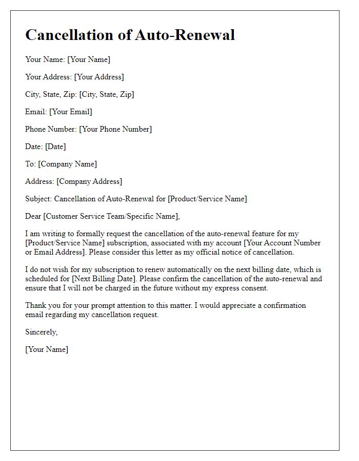 Letter template of online product auto-renewal cancellation