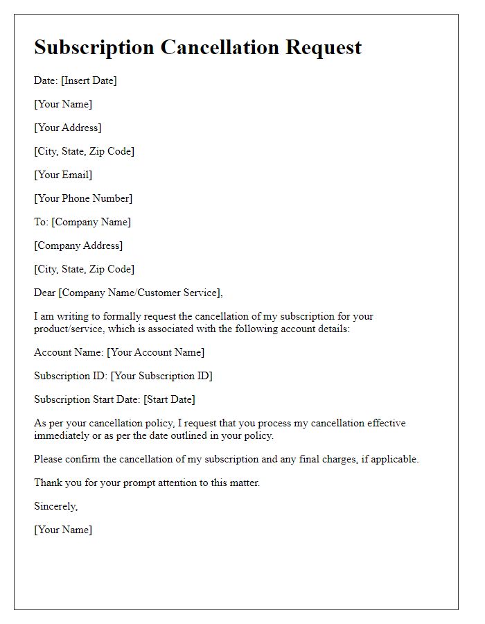 Letter template of online product subscription cancellation request