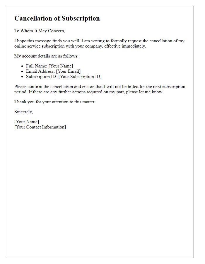 Letter template of request to cancel online service subscription