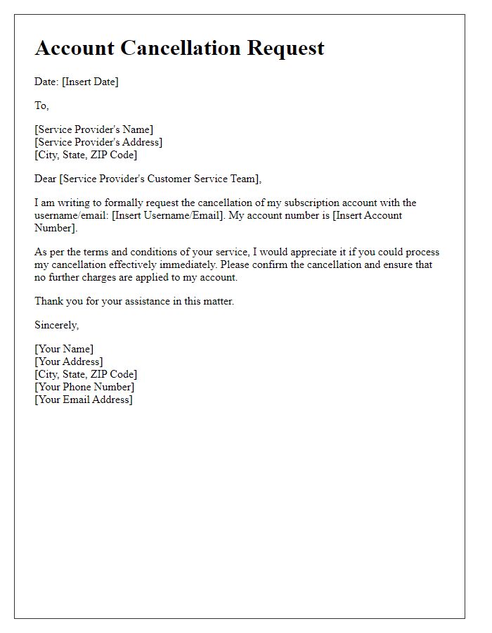 Letter template of subscriber account cancellation