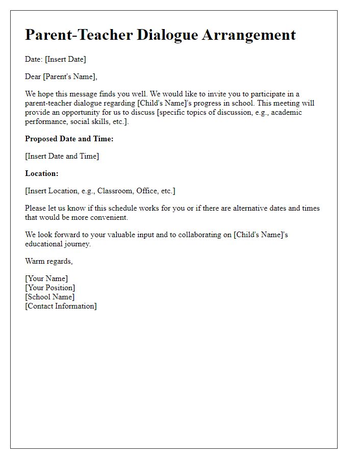 Letter template of arrangement for parent-teacher dialogue