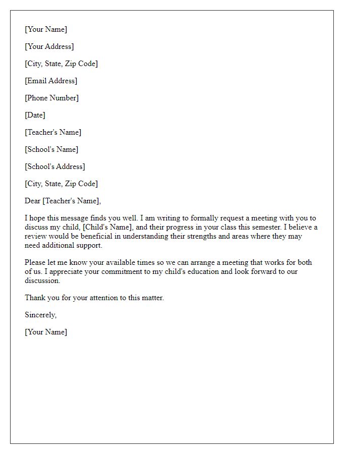 Letter template of formal request for parent-teacher review