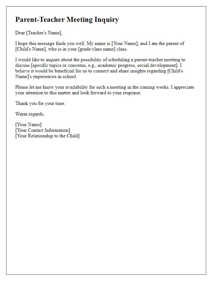 Letter template of inquiry for parent-teacher meeting