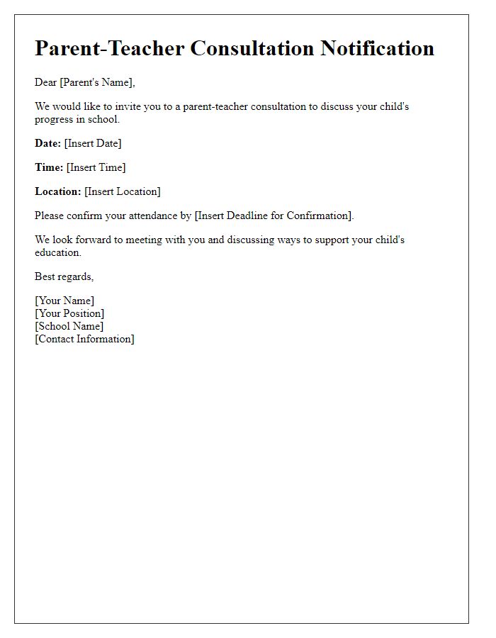 Letter template of notification for parent-teacher consultation