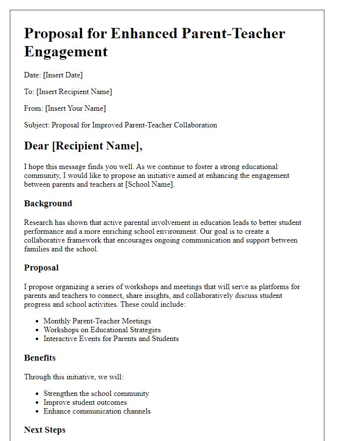 Letter template of proposal for parent-teacher engagement