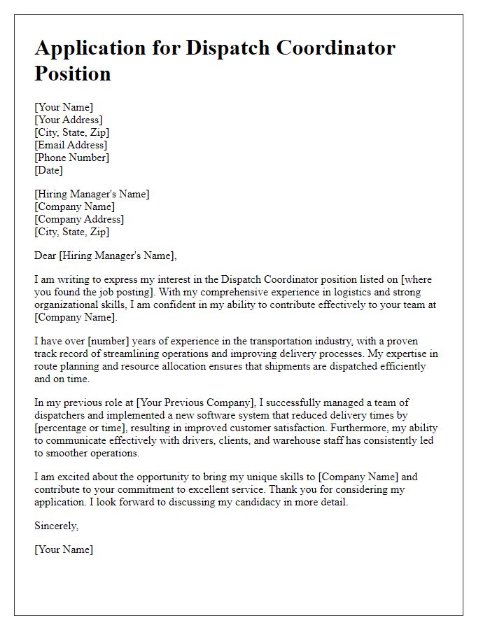 Letter template of transportation industry job application for dispatch coordinator role.