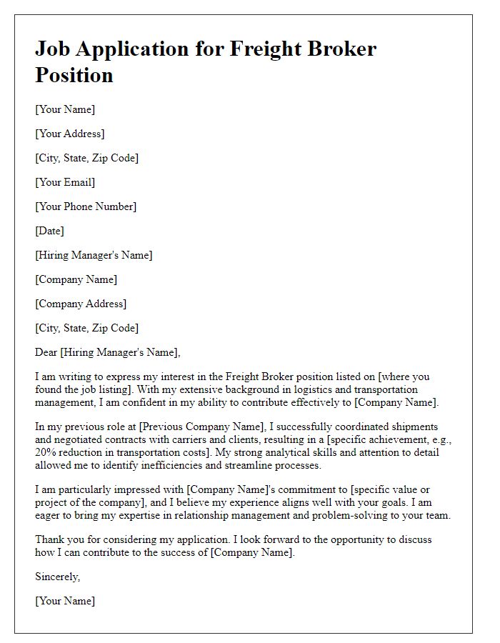 Letter template of transportation industry job application for freight broker position.