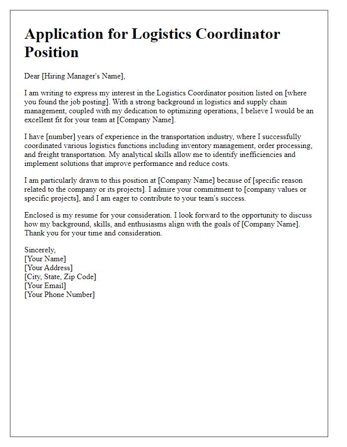 Letter template of transportation industry job application for logistics coordinator position.