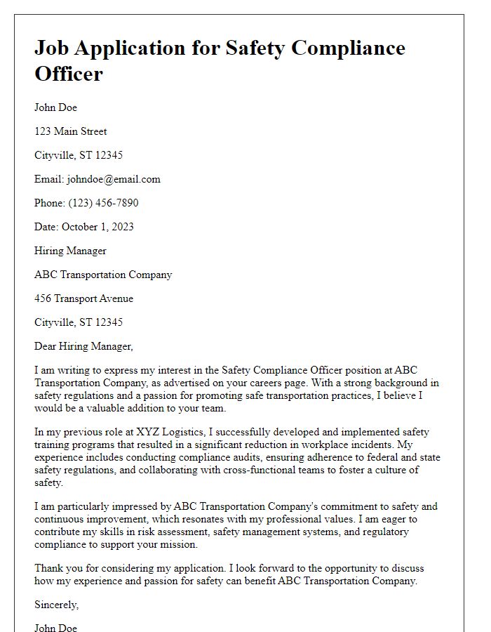 Letter template of transportation industry job application for safety compliance officer position.