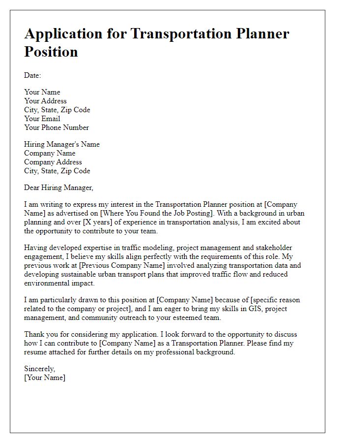 Letter template of transportation industry job application for transportation planner position.