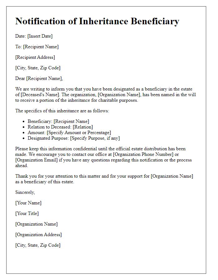 Letter template of beneficiary notification of inheritance for charities or organizations.