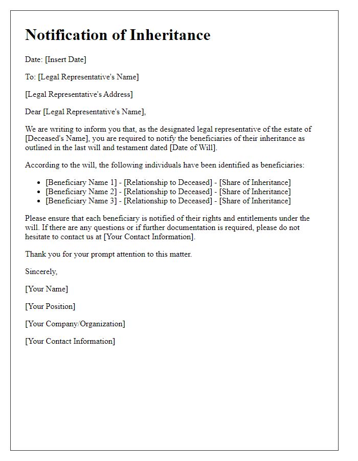 Letter template of beneficiary notification of inheritance for legal representatives.