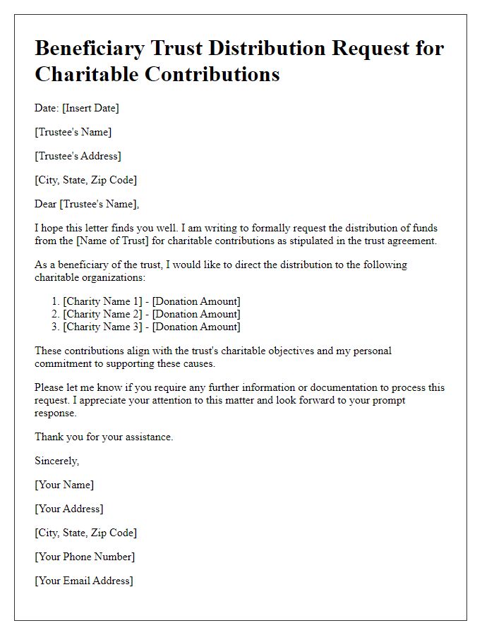 Letter template of beneficiary trust distribution request for charitable contributions.