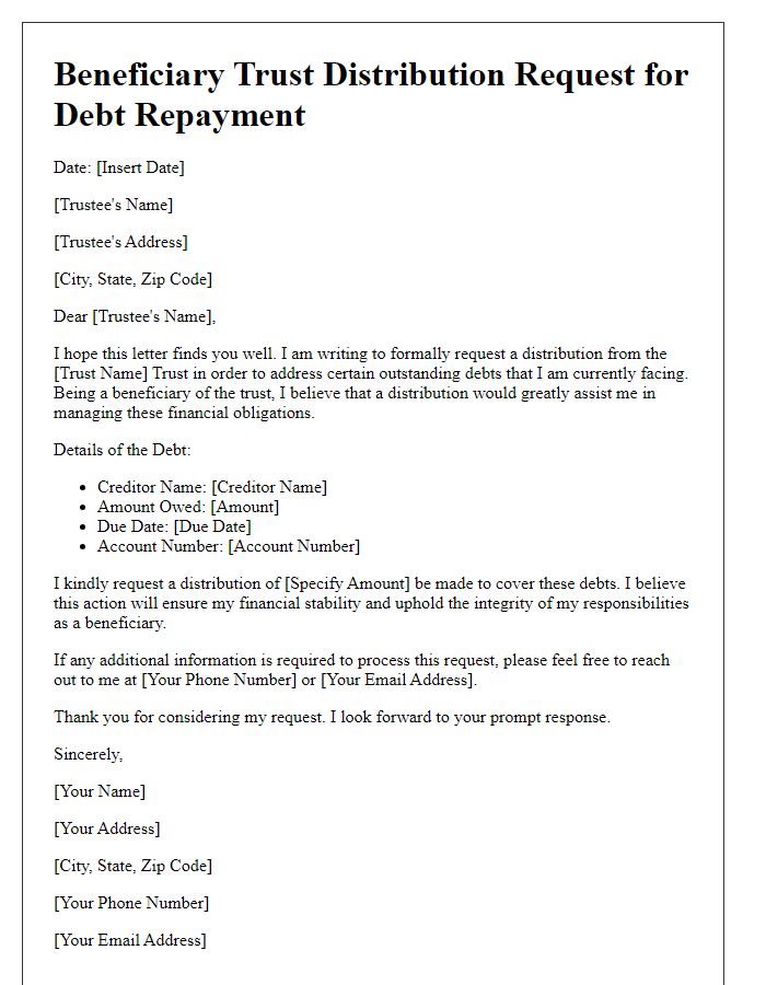 Letter template of beneficiary trust distribution request for debt repayment.