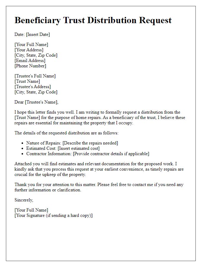 Letter template of beneficiary trust distribution request for home repairs.