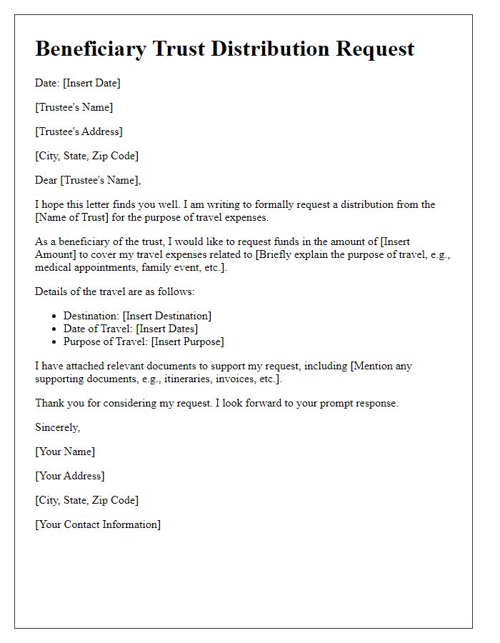 Letter template of beneficiary trust distribution request for travel expenses.