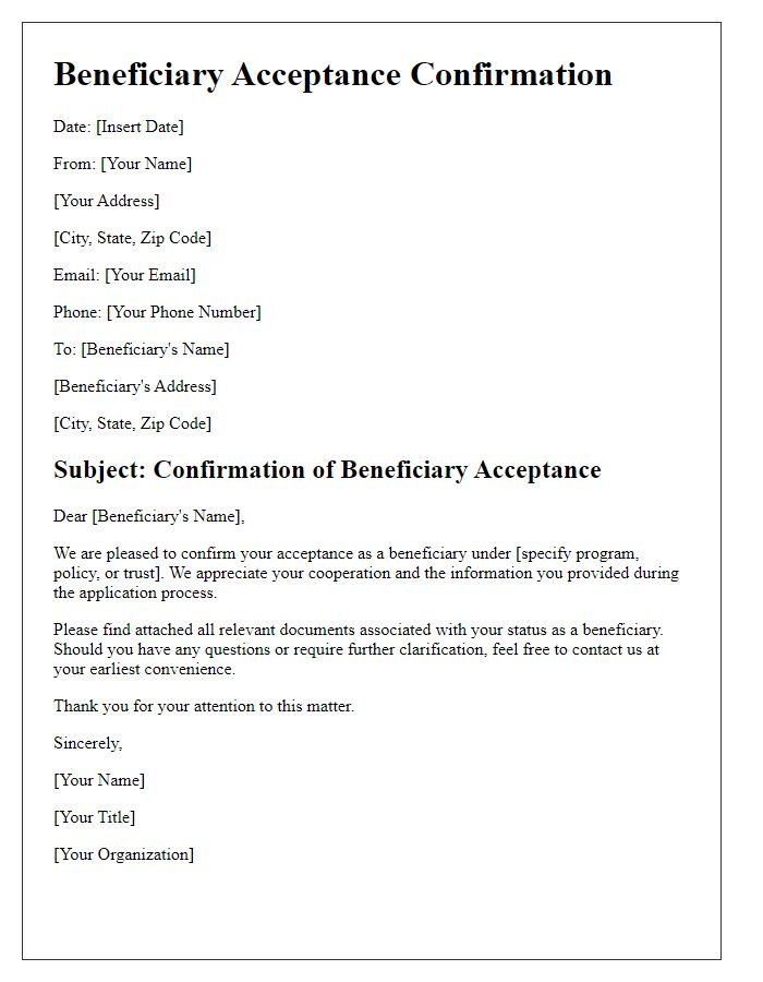 Letter template of beneficiary acceptance confirmation