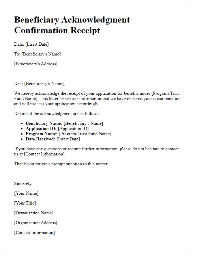 Letter template of beneficiary acknowledgment confirmation receipt