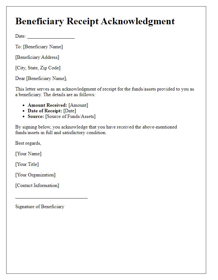 Letter template of beneficiary receipt acknowledgment