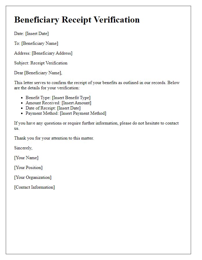 Letter template of beneficiary receipt verification