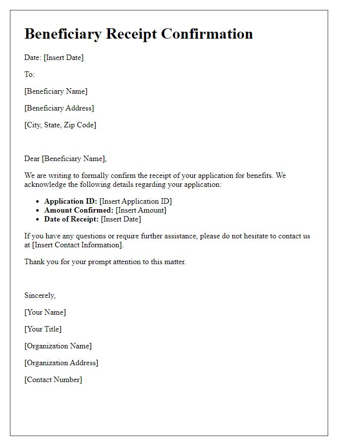 Letter template of official beneficiary receipt confirmation