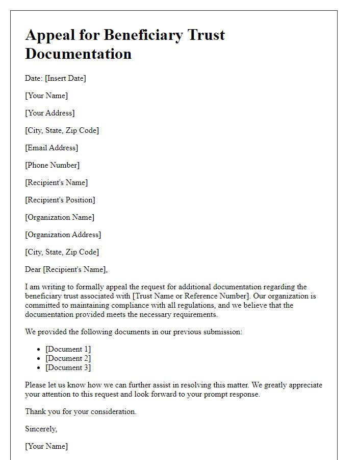 Letter template of appeal for beneficiary trust documentation for compliance review.