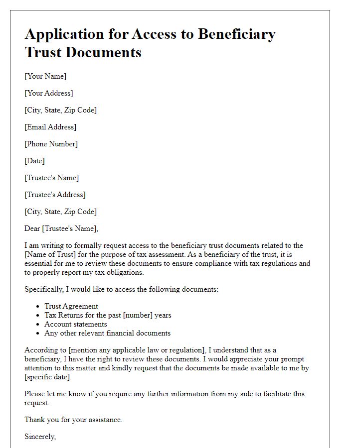 Letter template of application for access to beneficiary trust documents for tax assessment.